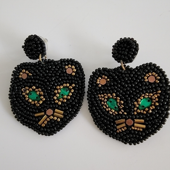 NEW Black Panther Cat Seed Beaded Dangle Earrings - Picture 3 of 8